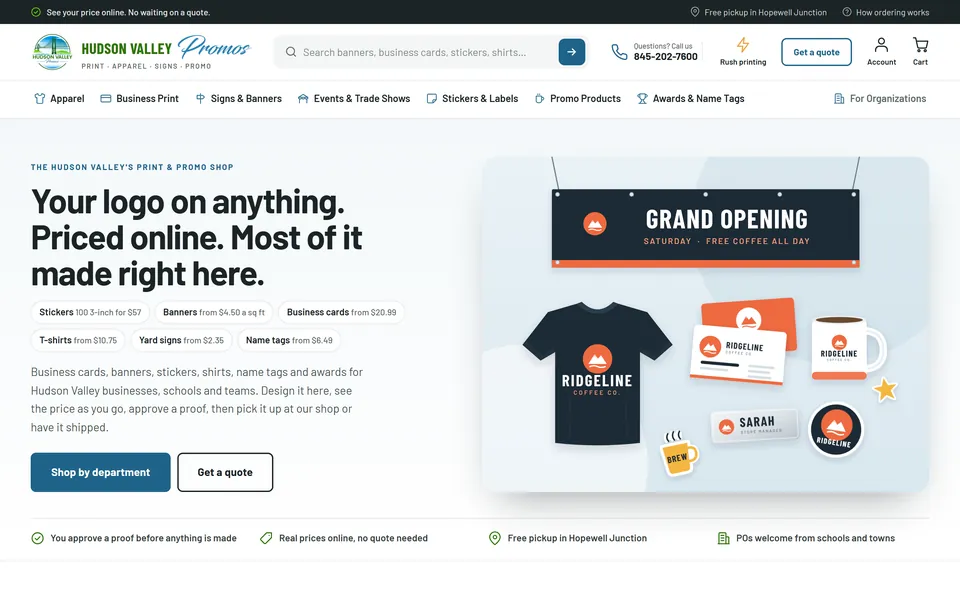 The Hudson Valley Promos home page: "Your logo on anything. Priced online. Most of it made right here." with starting prices for stickers, banners, cards and shirts.