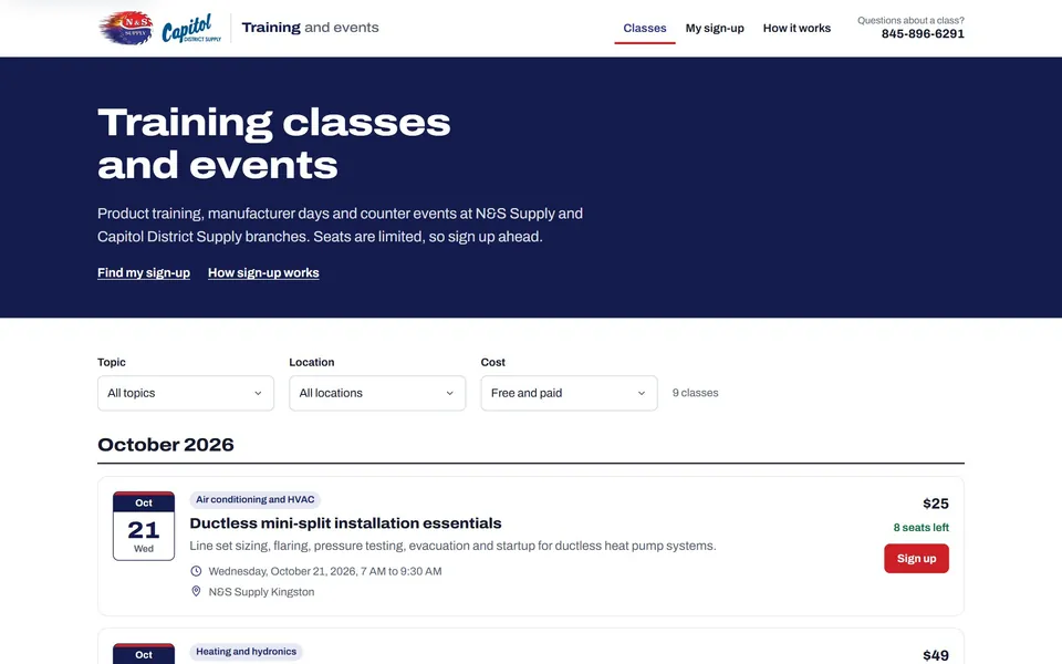 The N&S Supply Training class list, with filters for topic, location and cost and a class card showing its date, price and seats left.