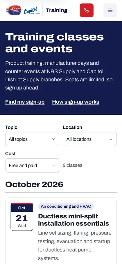 The N&S Supply Training class list on a phone.