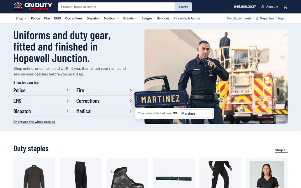 The On Duty Uniforms home page, with shopping by job and a stitched name tape preview reading Martinez.