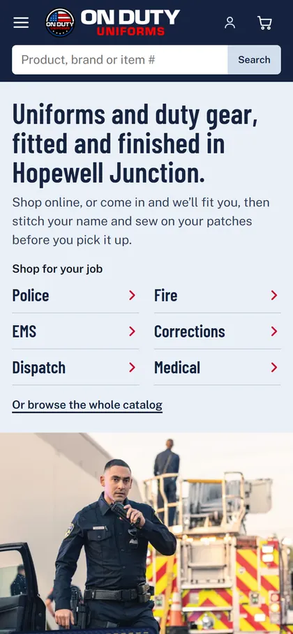 The On Duty Uniforms home page on a phone.