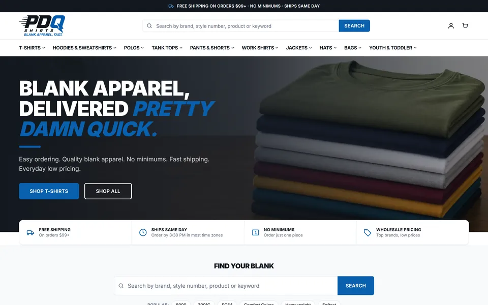 The PDQ Shirts home page: blank apparel with free shipping over $99, same-day shipping and no minimums.