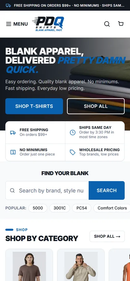 The PDQ Shirts home page on a phone.
