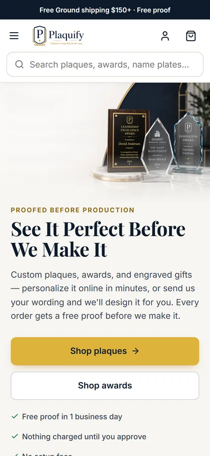 The Plaquify home page on a phone.